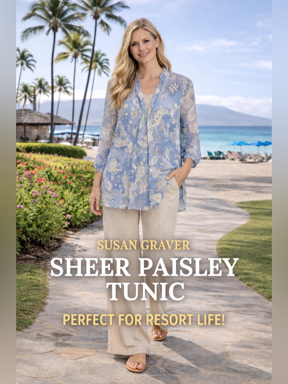 Susan Graver Sheer Paisley Tunic Sz M Blue Boho Flowy Resort Blouse Lightweight